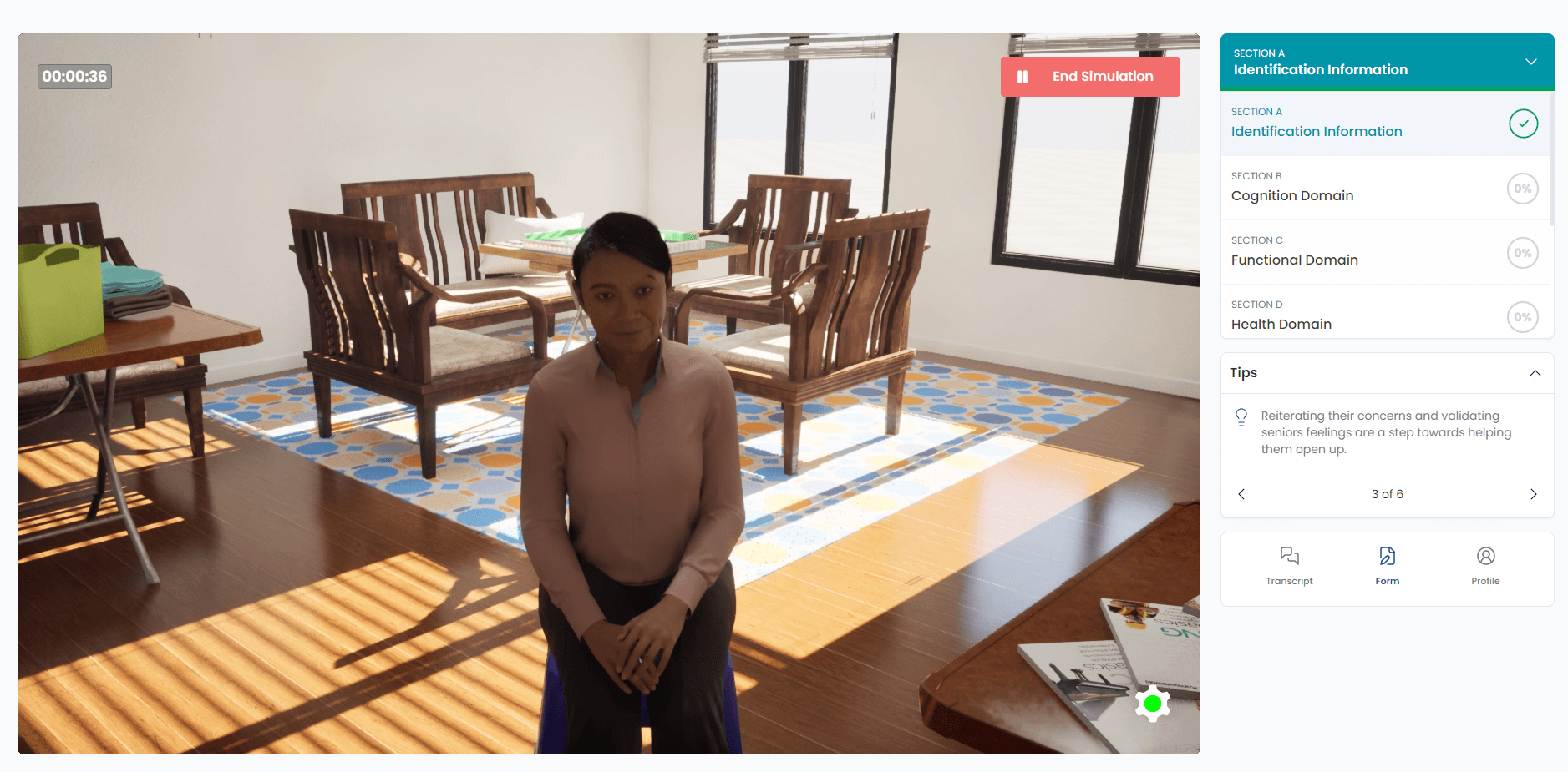A Slash browser simulation: a caregiver practises an assessment conversation with an AI elderly client, with a guided assessment form and coaching tips alongside